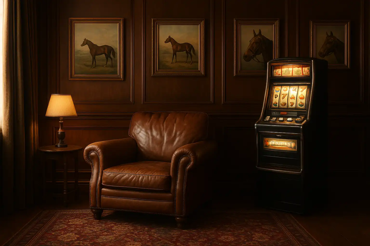Leather armchairs and a slot cabinet in the TweedBet grandstand lounge