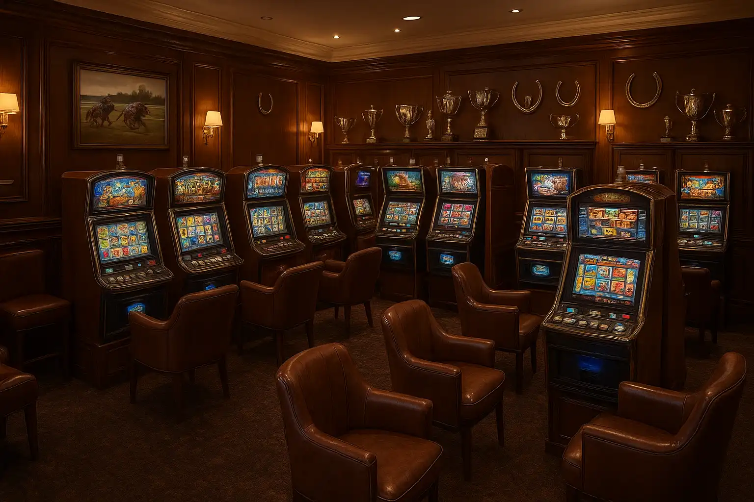 Rows of polished slot cabinets inside the TweedBet racing club lounge